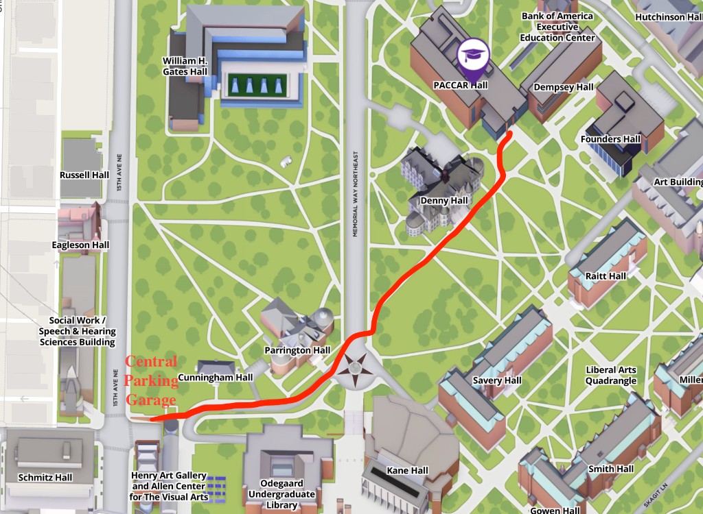 Campus map: Central Parking Garage on 15th Ave NE near Cunningham Hall, with a red walking route east past Parrington and Denny Hall, ending at PACCAR Hall (the conference venue) near the Bank of America Executive Education Center